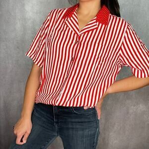 Vintage Leslie Fay Candy Stripe Polka Dot Shirt Womens Medium Retro Red White